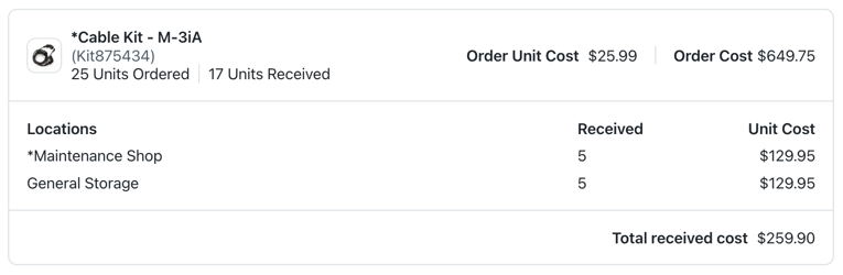 Screenshot of a purchase order shipment receipt with multiple locations for a part.