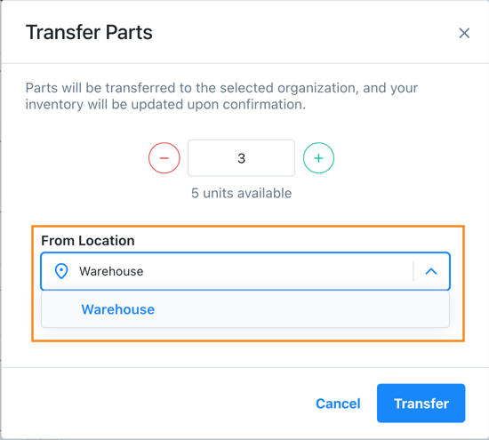 Screenshot of the parts request approval dialog with location selection. The screen shows options to specify which location to take the requested parts from, which enables accurate inventory tracking across multiple locations.