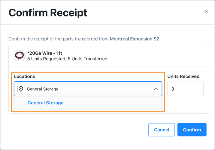 Screenshot of the parts request receipt dialog with location selection. The screen shows options to specify which location will store the received parts, which ensures proper inventory allocation across multiple storage locations.
