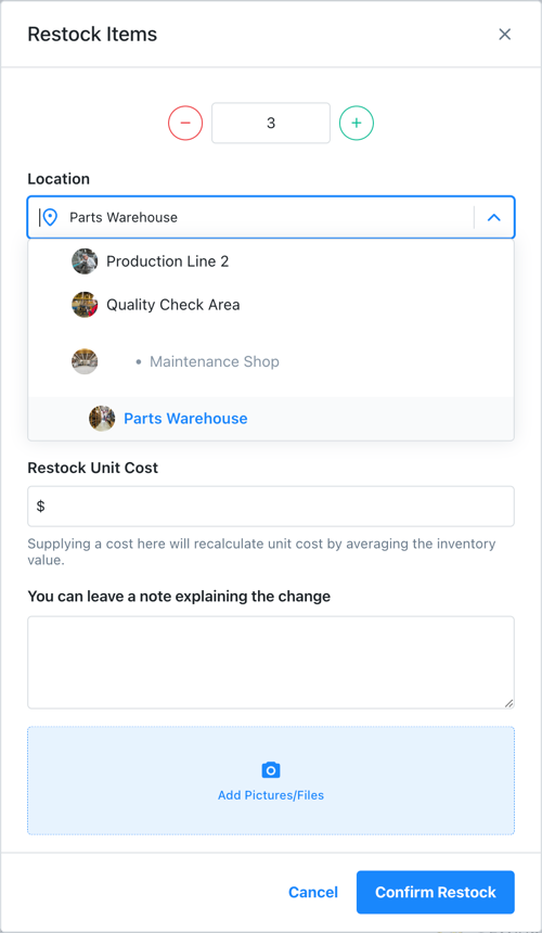 Screenshot of the restock part interface showing a dropdown menu for selecting the location to add the parts to. The form displays fields for quantity and cost, and includes a location selector that allows users to specify which facility or storage area will receive the restocked items.
