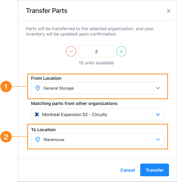 Screenshot of the part transfer dialog showing source and destination location selection. The dialog displays fields for specifying which locations to transfer parts to and from, along with quantity input, which helps maintain accurate inventory records across multiple locations.
