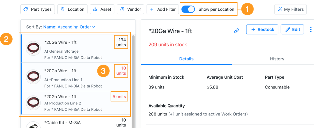 Expanded parts in the panel view, showing one item per location