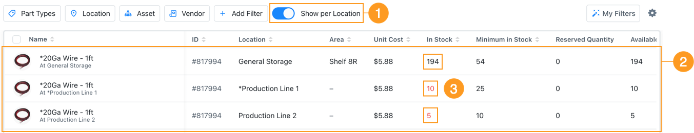 Expanded parts in the table view, showing one item per location