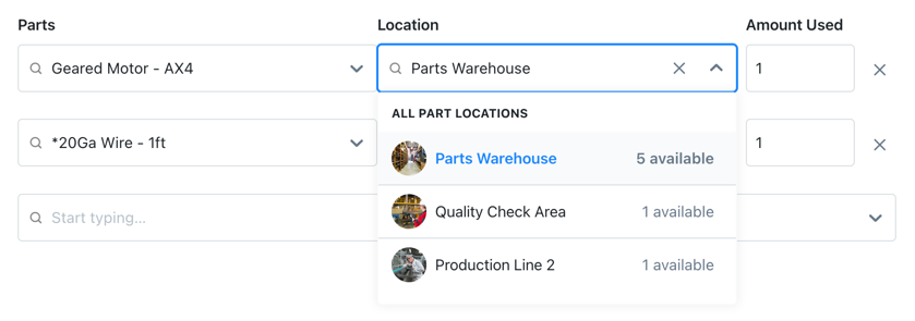 Screenshot of the work order form showing the parts section with location selection. The interface displays a dropdown menu where users can specify which location to take the required parts from, which helps maintain accurate inventory across multiple storage locations.