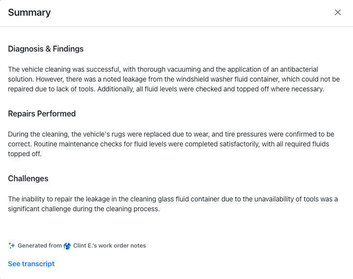 Screenshot showing the Summary field with Diagnosis & Findings, Repairs Performed, and Challenges sections.