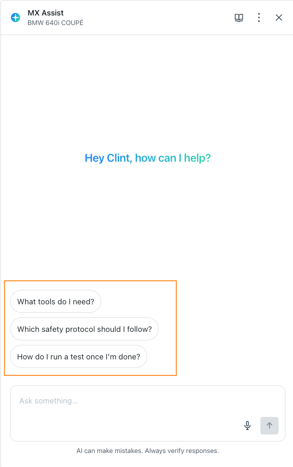 Screenshot showing MaintainX Assist's suggested prompts.
