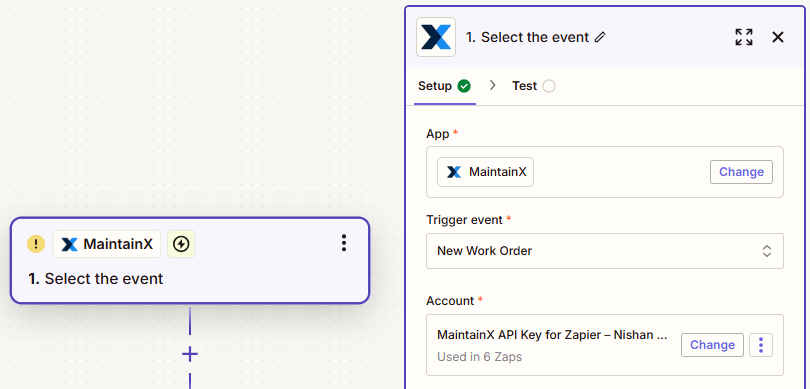 Screenshot showing how to set up a prebuilt MaintainX trigger in a Zapier workflow