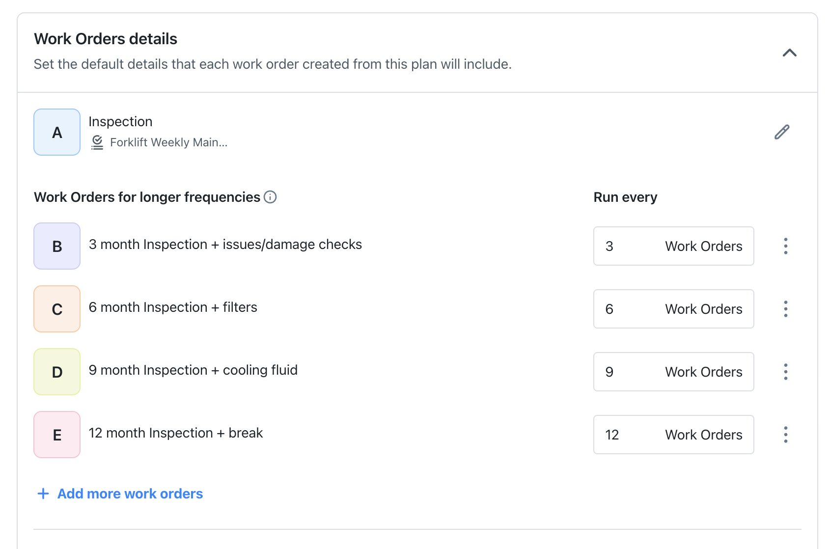 Screenshot of work order setup screen displaying inspection, filter, and brake maintenance tasks labeled A through E with corresponding frequency intervals
