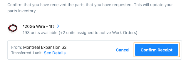 Confirm receipt for a part request in the MaintainX web app