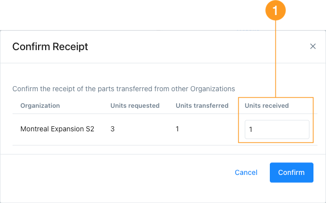 Finish confirming receipt for a part request in the MaintainX web app