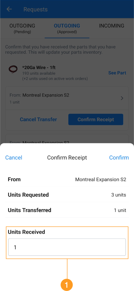 Finish confirming receipt for a part request in the MaintainX mobile app