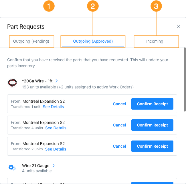 The part request management options in the MaintainX web app