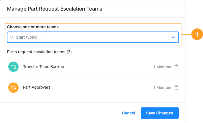 The part request escalation team dialog in the MaintainX web app