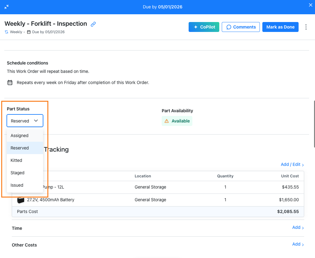 Screenshot displaying the part status dropdown in a work order