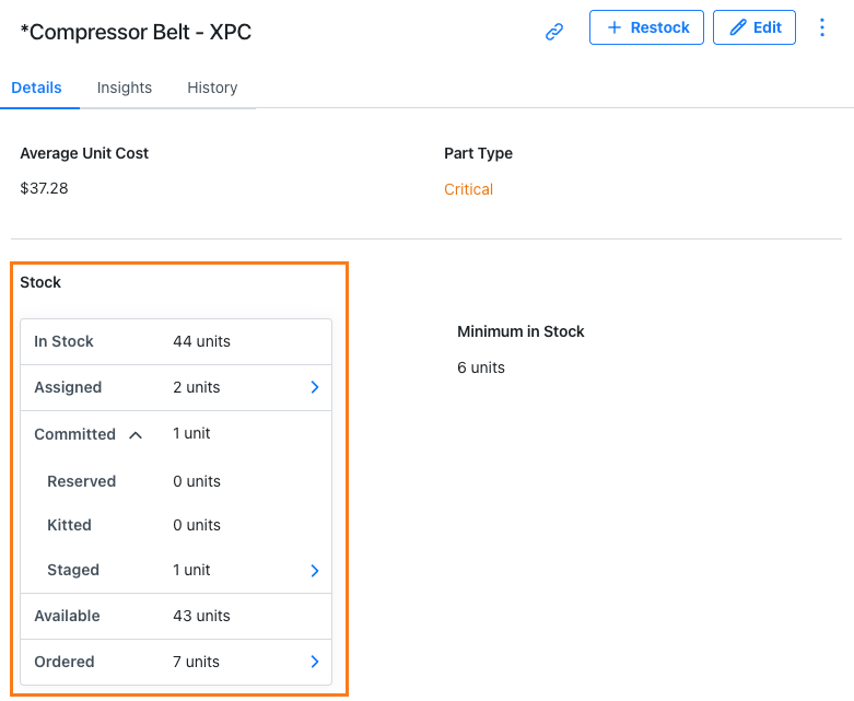 Screenshot displaying a breakdown of a part's stock, broken down by part status