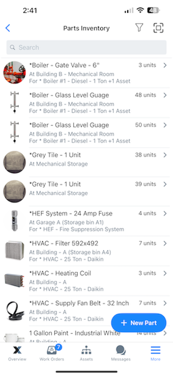 Part Inventory List view on mobile.