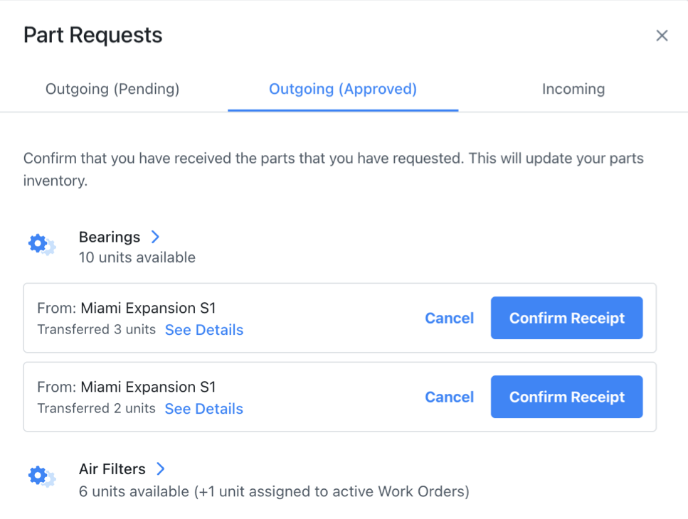 Image showing the parts request dialog interface for managing part transfers between organizations in MaintainX
