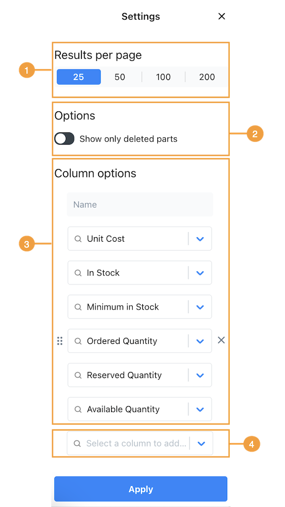 The Table view settings.