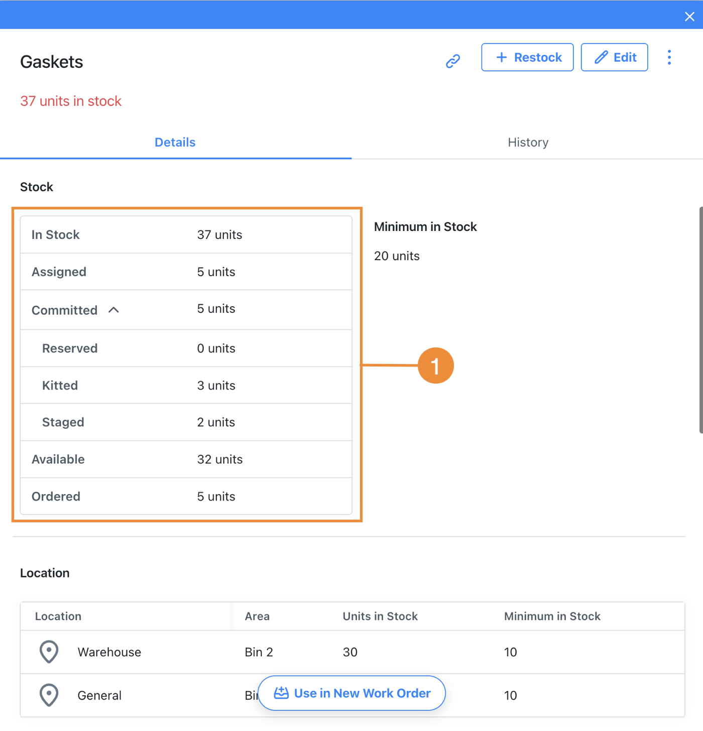 Screenshot displaying a breakdown of a part's stock, broken down by part status