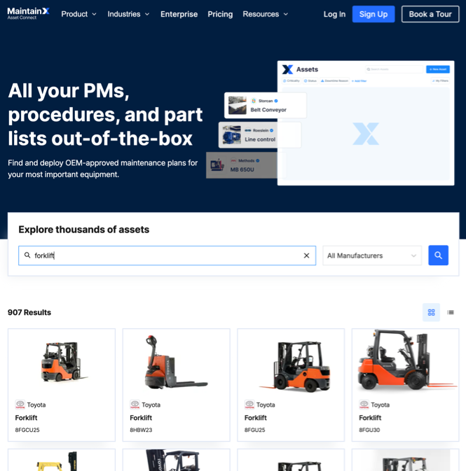 MaintainX Asset Hub website showing available equipment packages