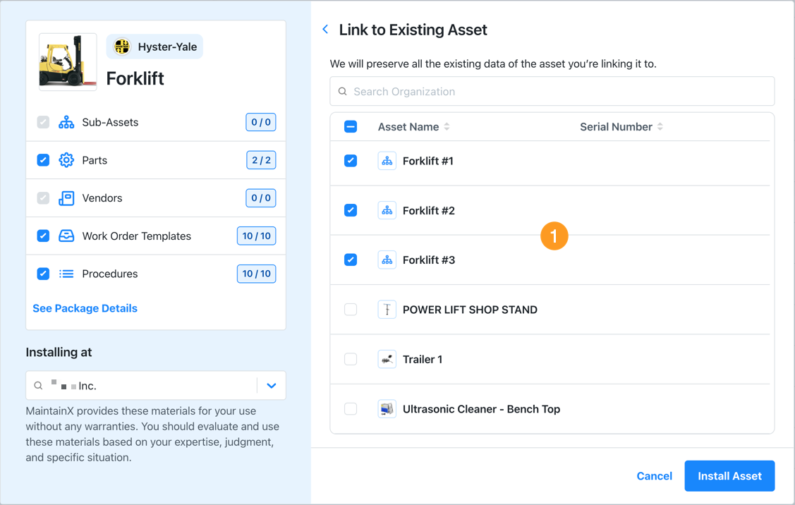 Dialog showing options to link a package to an existing asset in the MaintainX web application