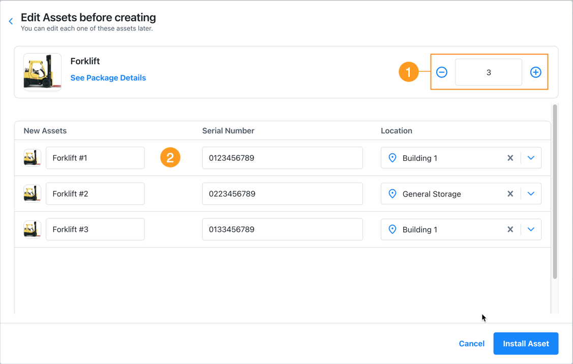 Dialog for installing a package as a new asset in the MaintainX web application