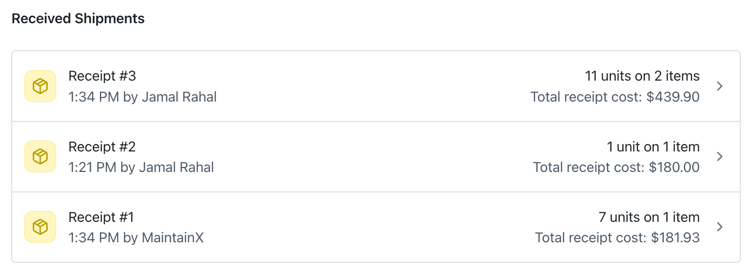 Screenshot of a list of shipment receipts showing each confirmed shipment in a purchase order