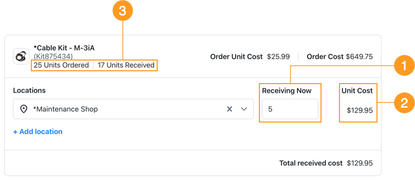 Screenshot of a purchase order shipment receipt dialog.