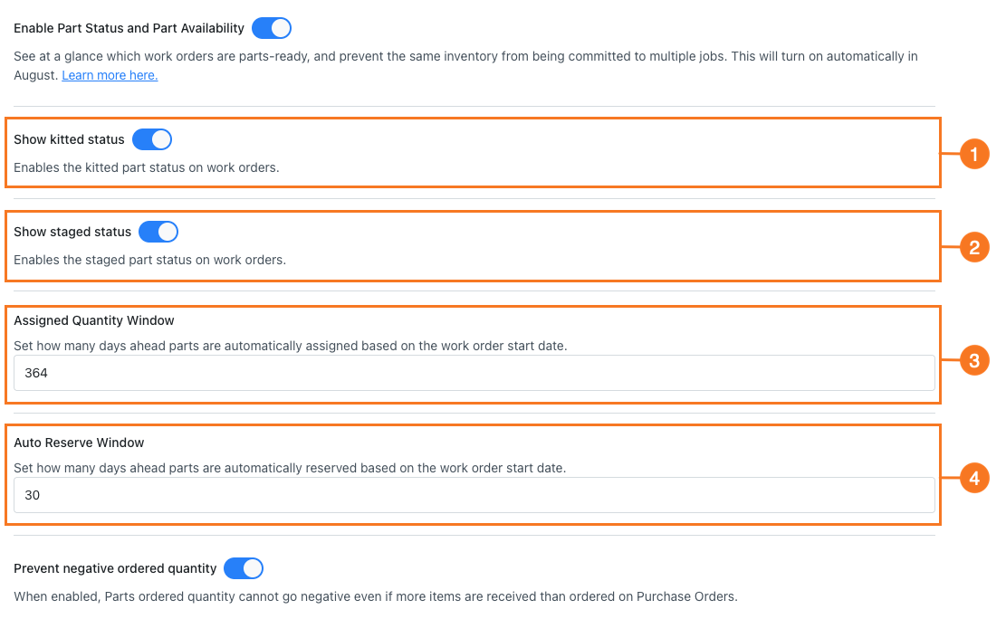 Screenshot of Part Inventory Settings, highlighting the Kitted and Staged status toggle, the Assigned Quantity Window and the Auto Reserve Window settings