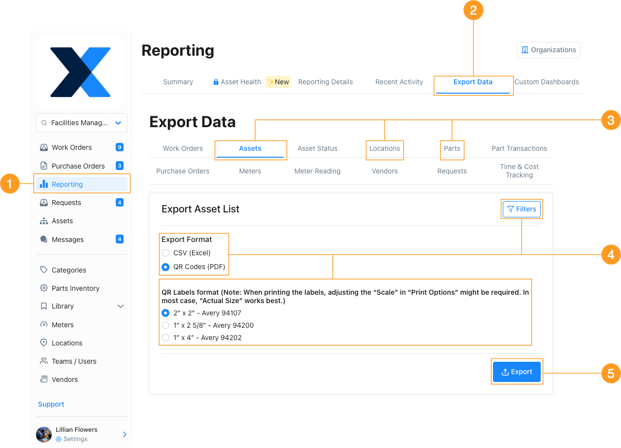 The QR code export options for assets