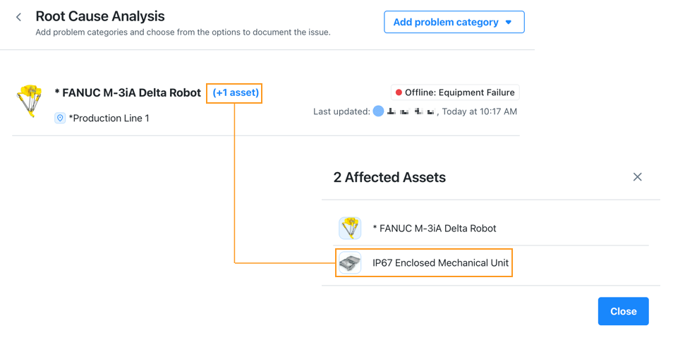 Screenshot showing the link from the root cause analysis report creation screen to the list of affected assets