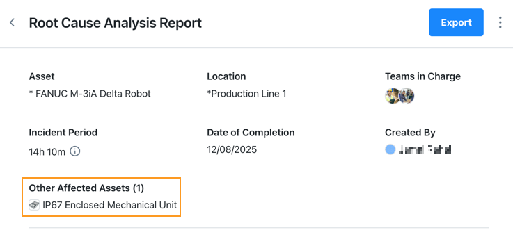 Screenshot of a published root cause analysis report displaying affected assets