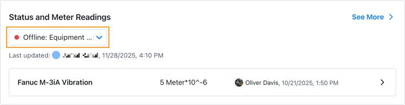 Screenshot showing the asset status dropdown on the asset details page in the MaintainX web application