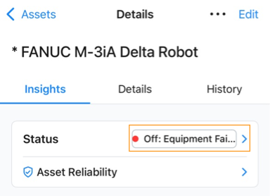 Screenshot showing the asset status dropdown on the asset details screen in the MaintainX mobile application