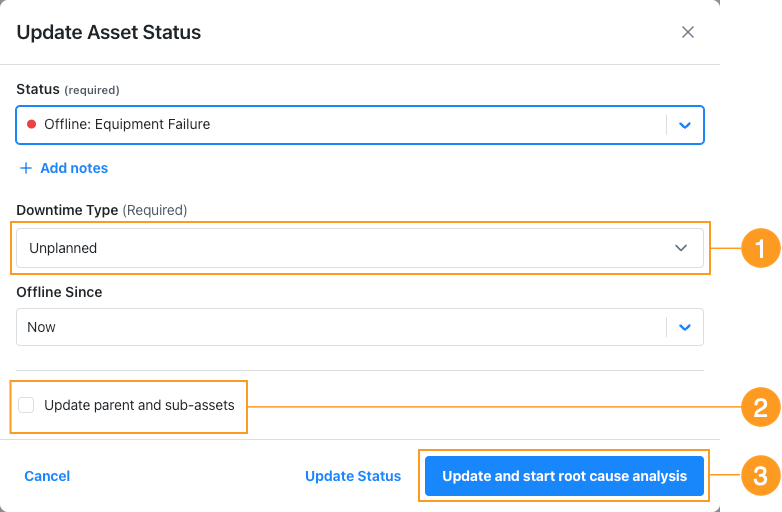 Screenshot of the Update Asset Status dialog in the MaintainX web application