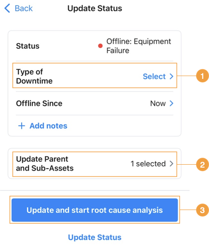 Screenshot of the Update Status screen for assets in the MaintainX mobile application