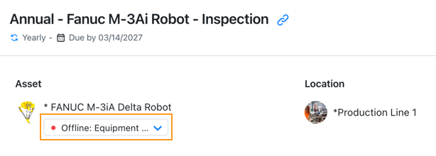 Screenshot showing the asset status dropdown on the work order details page in the MaintainX web application