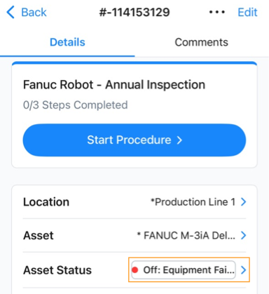 Screenshot showing the asset status dropdown on the work order details screen in the MaintainX mobile application