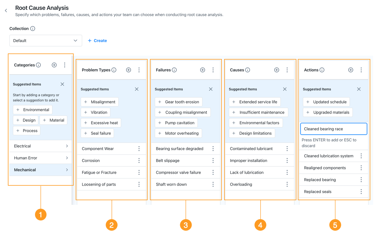 Screenshot of the settings page for configuring root cause analysis categories in the MaintainX web application