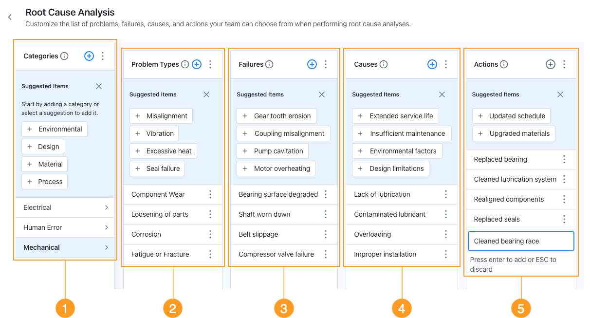 Screenshot of the settings page for configuring root cause analysis categories in the MaintainX web application