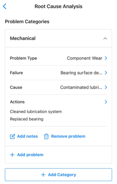 Screenshot of the options for documenting problem details in a root cause analysis report in the MaintainX mobile application