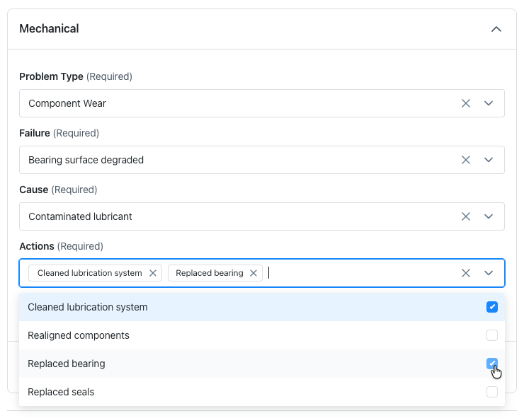 Screenshot of the options for documenting problem details in a root cause analysis report in the MaintainX web application