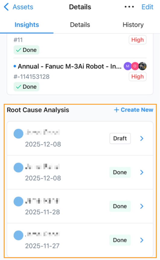 Screenshot of a list of root cause analysis reports for an asset in the MaintainX mobile application, showing completed and draft reports
