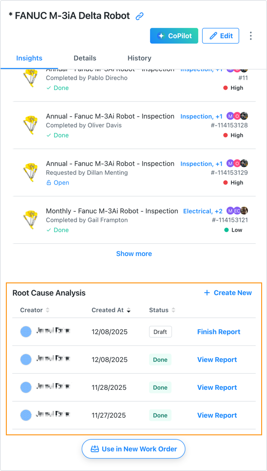 Screenshot of a list of root cause analysis reports for an asset in the MaintainX web application, showing completed and draft reports
