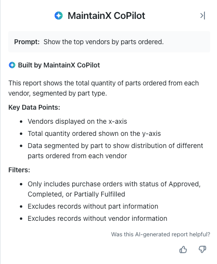 Screenshot of the Report Builder AI's Reasoning Panel for custom reports generated with MaintainX AI.