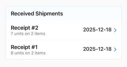 Screenshot from the mobile application of a list of shipment receipts showing each confirmed shipment in a purchase order