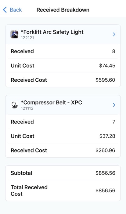 Screenshot of a summary table showing the total cost for each part received to date in a purchase order