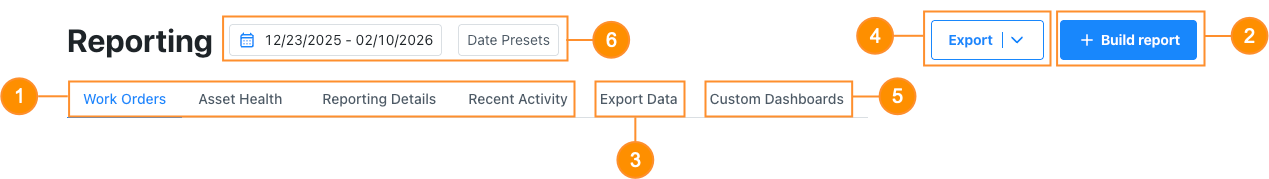 Screenshot of the Reporting module's tabs and options.