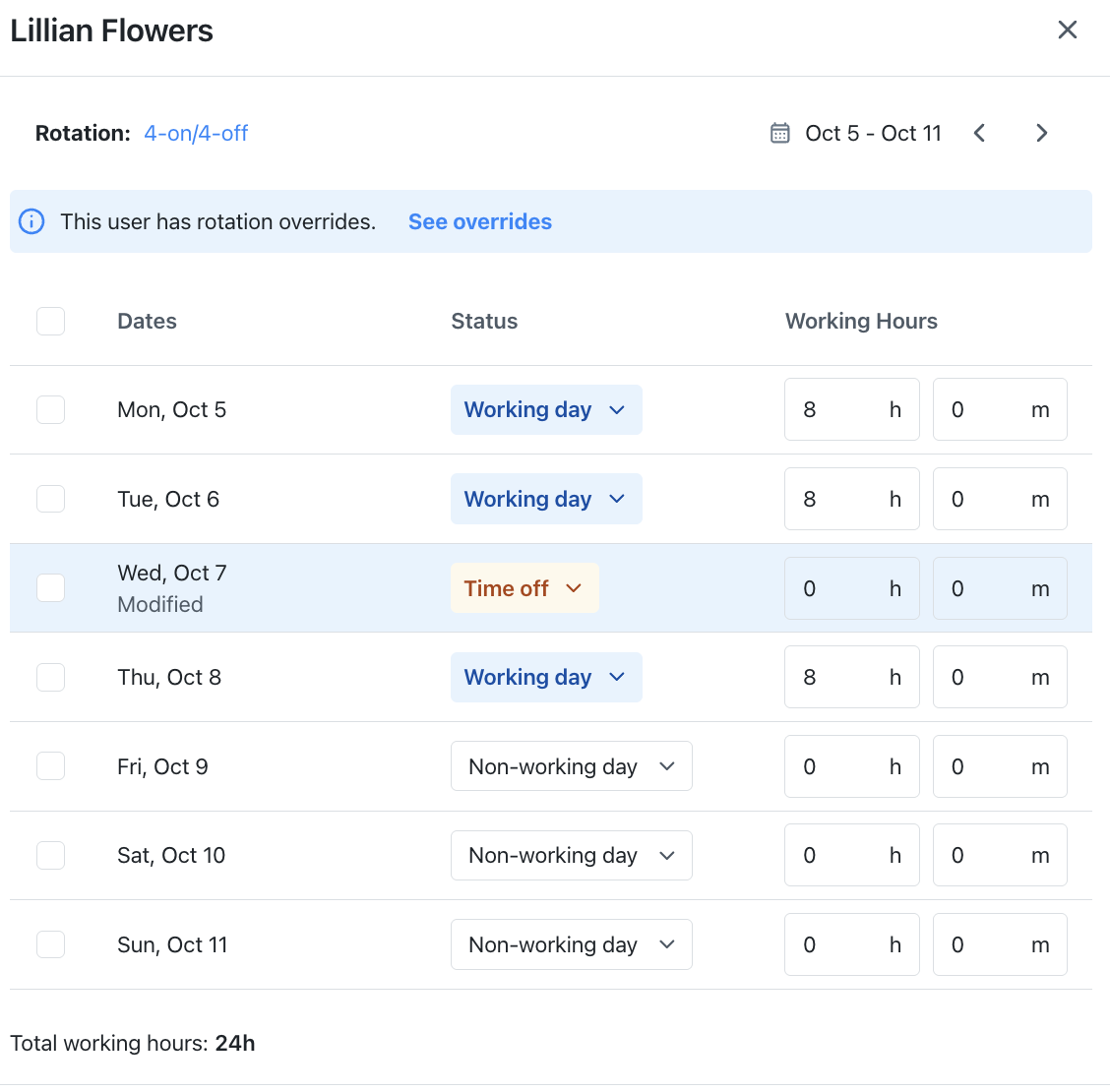 Work rotation dialog showing a 4-on/4-off rotation with October 7 modified to time off