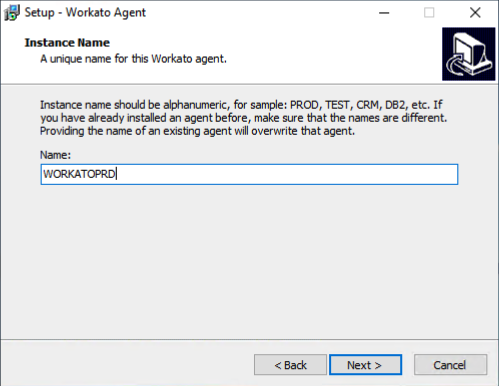 Choosing an Instance Name during the Workato On Prem Agent setup